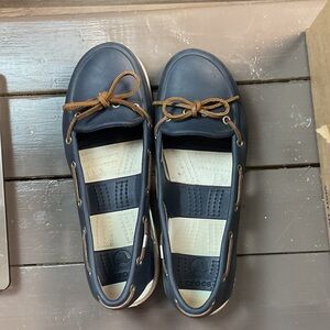 CROCS Dark Blue Boat Shoes with Brown Laces